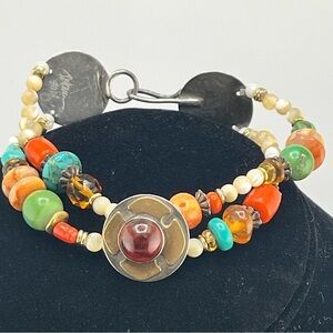 Vibrant Silver Signed Beaded Bracelet Artistic Silver Turquoise Detail